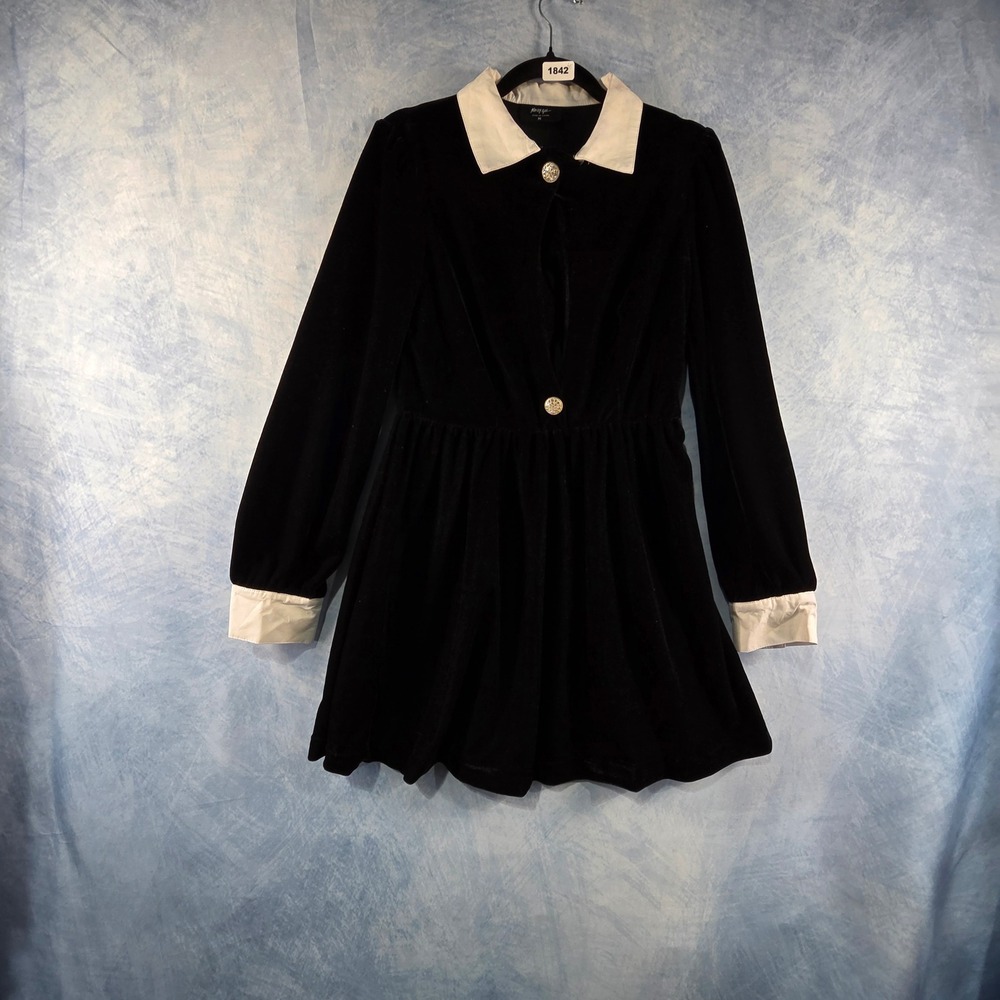 Nasty Gal Womens Black Velvet Mini Dress White‎ Contrast Collar Cuffs Size M